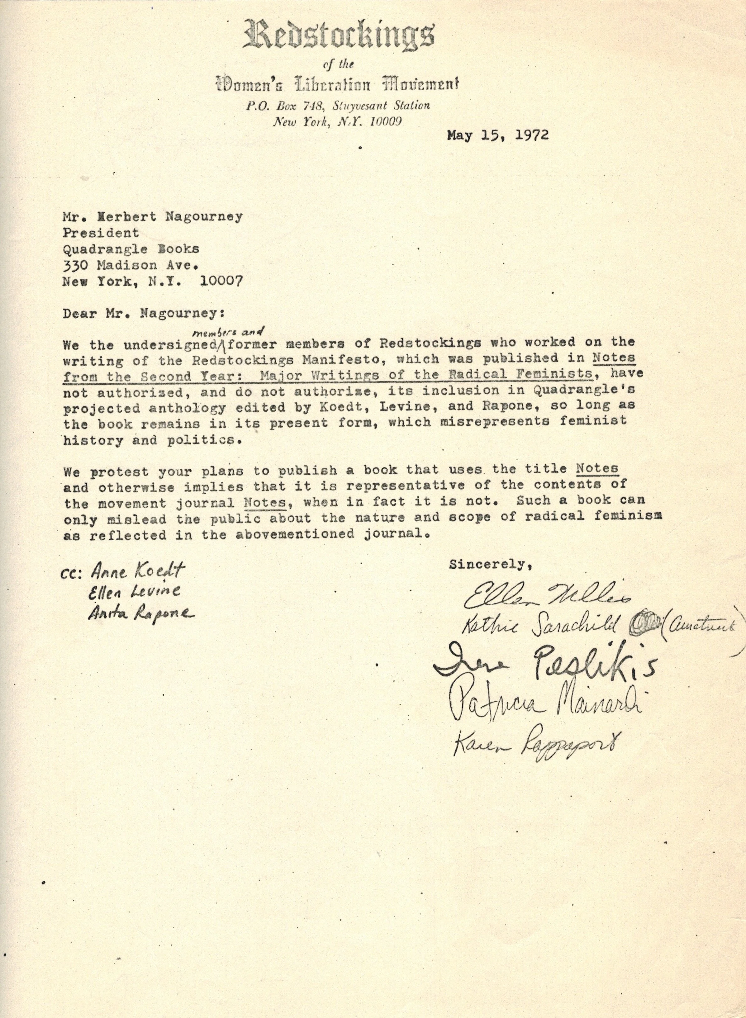 Photo of letter, in which permission to reprint the Manifesto is denied, five women sign to represent the Manifesto's authorship: Ellen Willis, Kathie Sarachild, Irene Peslikis, Patricia Mainardi, and Karen Rappaport.