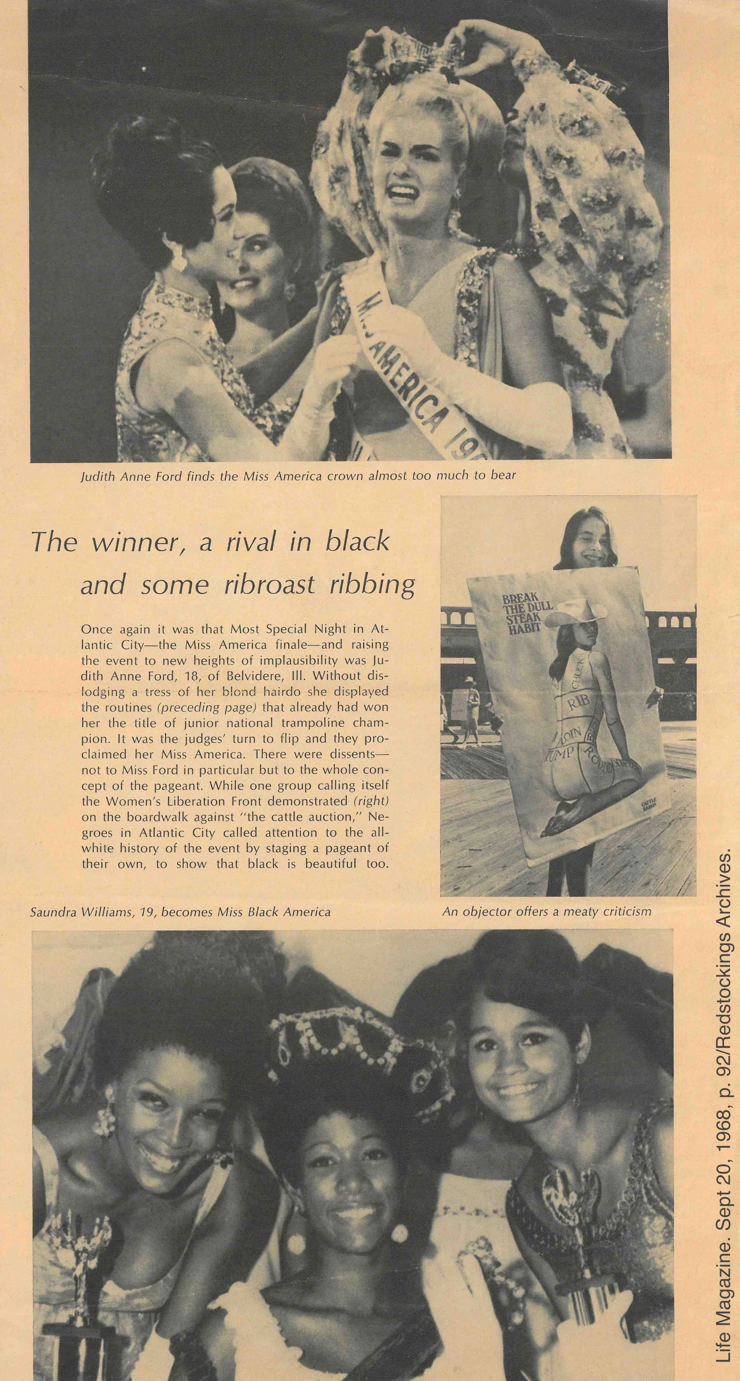 Photo of Newspaper clipping of coverage of the Miss America, the protest, and the Miss Black America Pageant held in protest