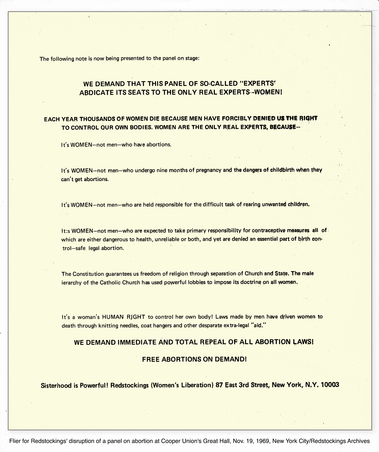 Image fo flyer handed out at 1969 Cooper Union abortion panel disruption