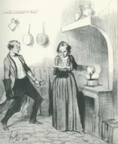 Drawing of a woman reading while cooking. And her husband stands around watching.