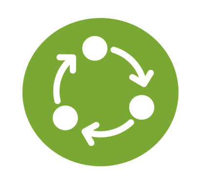 Green circular icon with white arrows forming a cycle around three white dots.