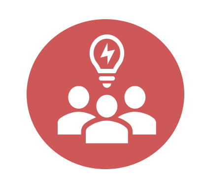 Icon of three people with a light bulb and lightning bolt above them, symbolizing ideas or collaboration.