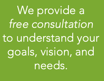 Green background with white text stating, 'We provide a free consultation to understand your goals, vision, and needs.'