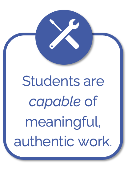 A motivational poster with a blue circle featuring a screwdriver and wrench icon at the top. The poster states, 'Students are capable of meaningful, authentic work.'