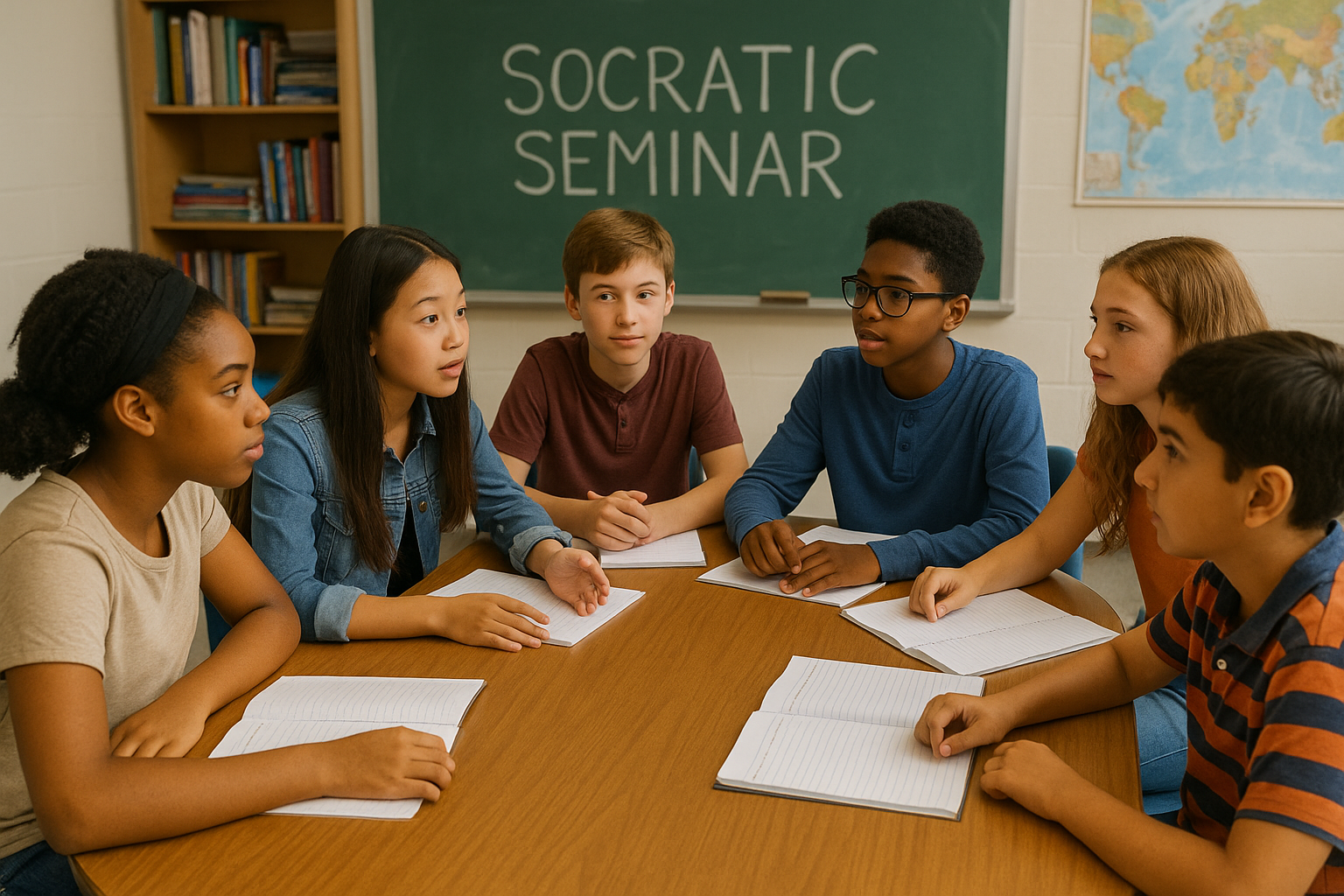 Group of children sitting around a table in a classroom, engaged in a discussion during a Socratic seminar, with a blackboard behind them.