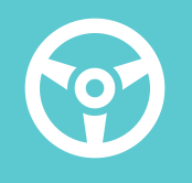 Stylized white steering wheel on a turquoise background.