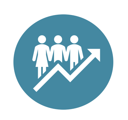 Icon of three people with an upward trending arrow, symbolizing growth or progress.