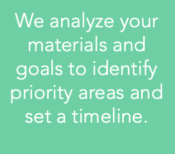 Text on a teal background that reads, "We analyze your materials and goals to identify priority areas and set a timeline."