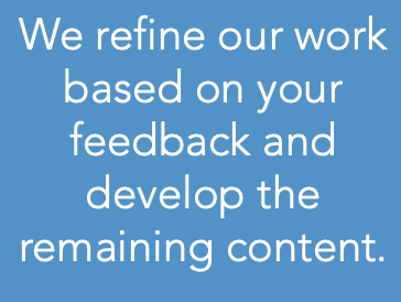 Text on blue background reading 'We refine our work based on your feedback and develop the remaining content.'