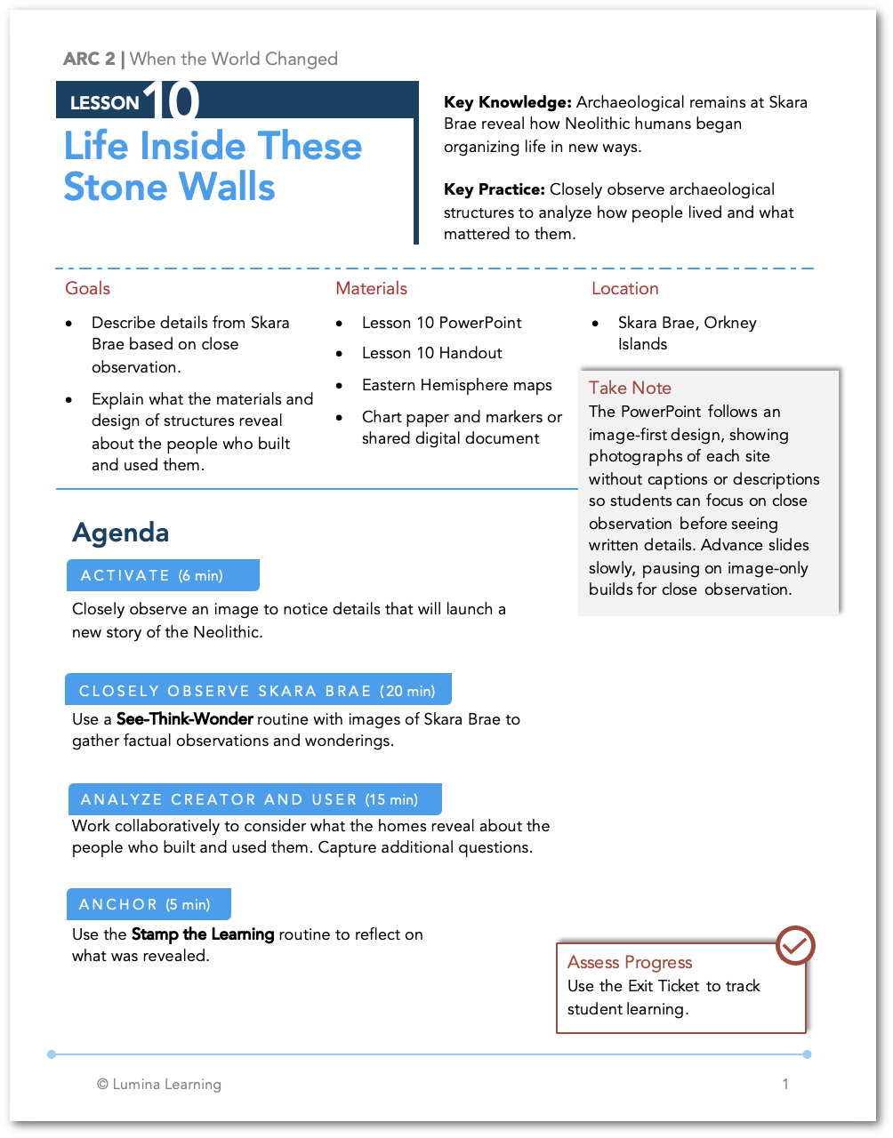 Educational lesson plan about life inside stone walls, focusing on archaeological structures and ancient human activities, located on Orkney Islands.