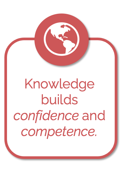 A graphic with a red circle featuring a white globe icon at the top. Below it, the text reads, "Knowledge builds confidence and competence," in red and pink font.