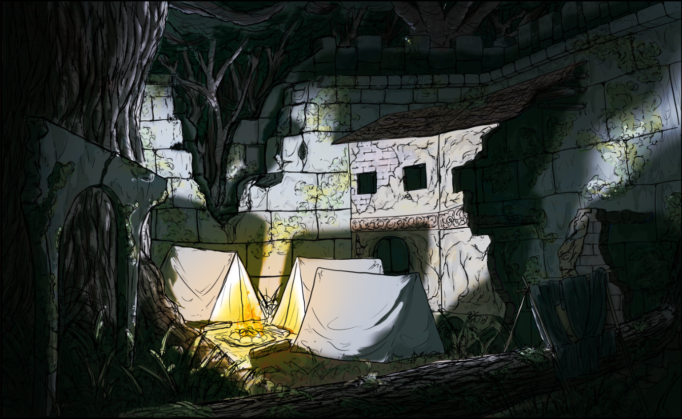 A temporary camp between crumbling ruins. - No sun reaches the floor of the forest. Walk quick and light, wolves are always close behind. - From the world of The Fallen Sun.