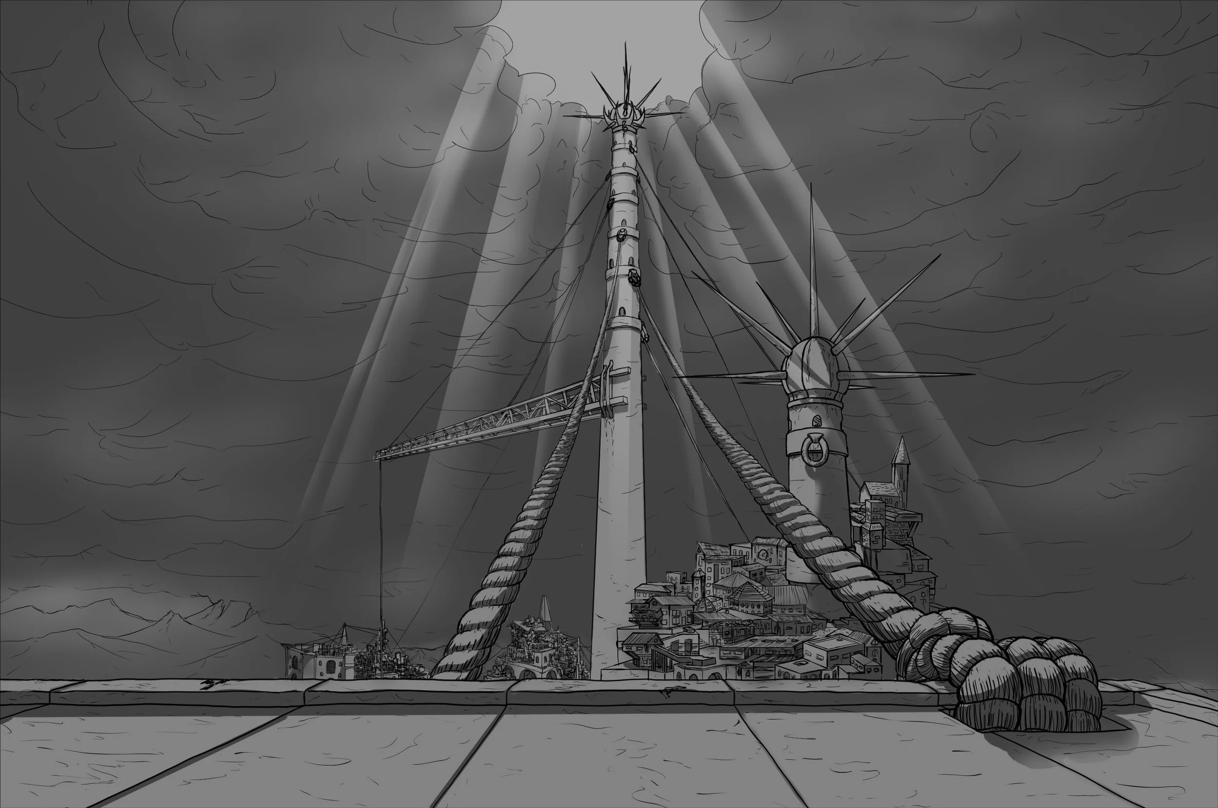 View overlooking the city of Silt. - The god of the swamp is peaceful so long as we do not drive our foundations into her side, and so we build upwards. - Part of the Monstrous World.