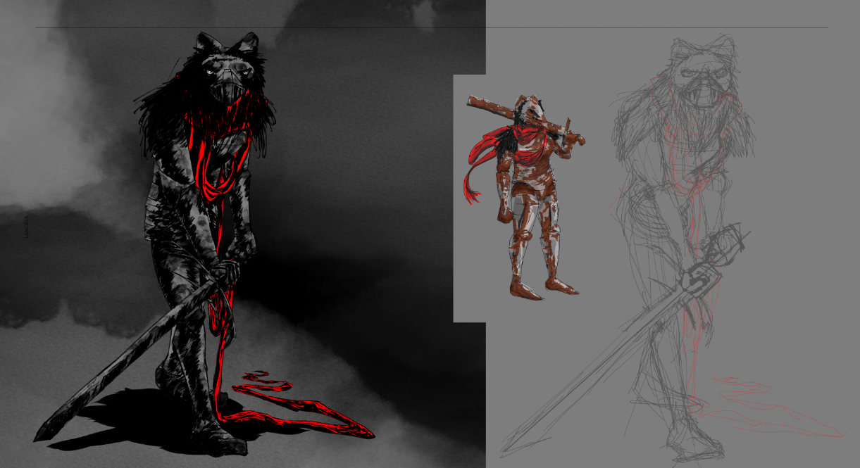 Various stages of creation for the Red Wolf knight. - They say that it is immortal. That it has stalked the forest since her ruined kingdom fell. That whatever - whoever was inside found some way to keep going and just got eaten up by the weight of a