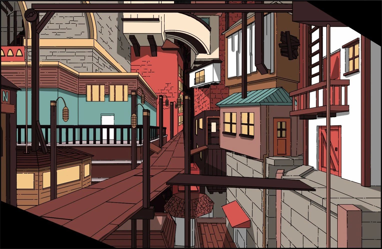 Redesign of the city interior. - Stylistically inspired by the animated show "Hilda".