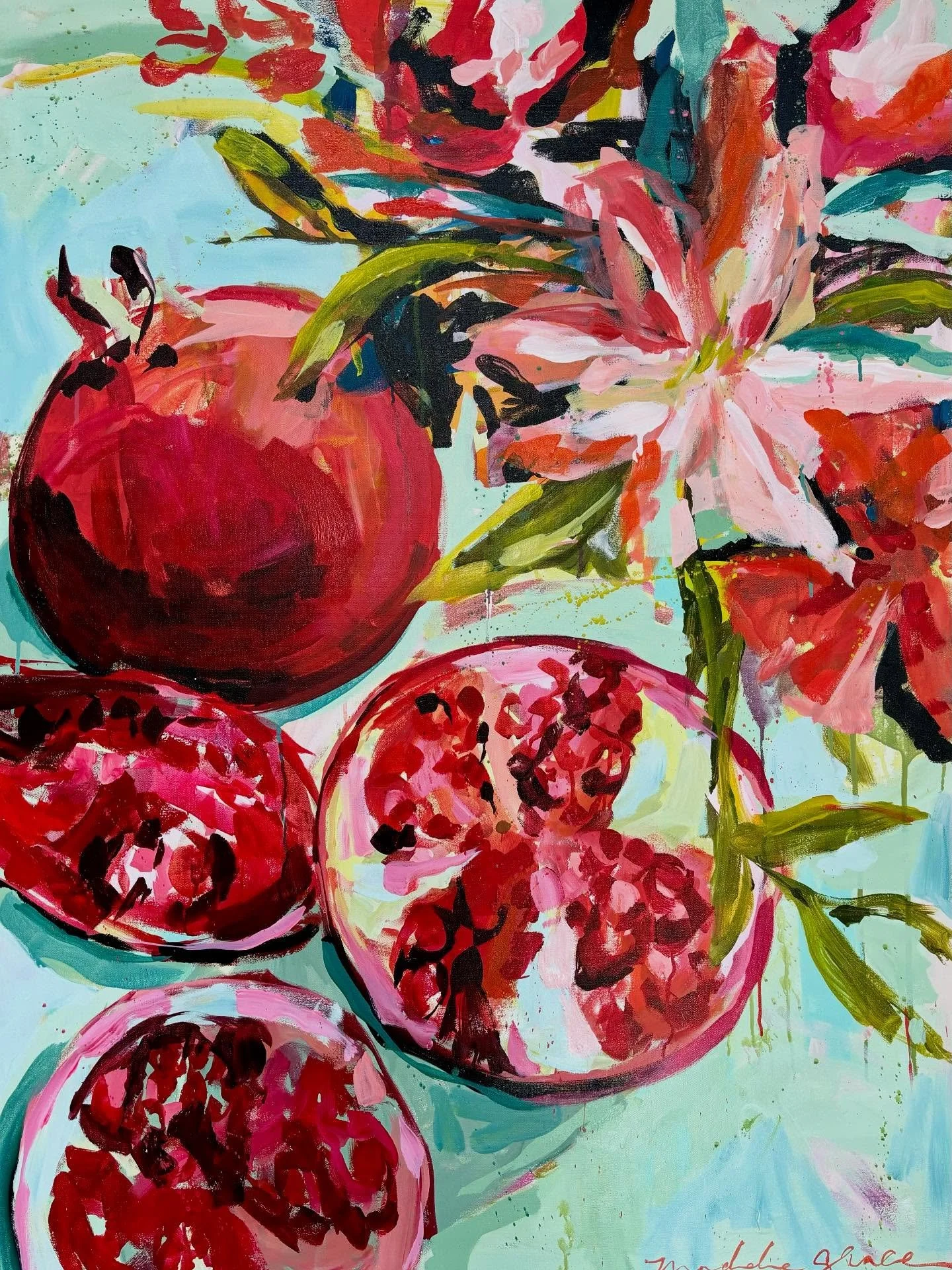 These 3 stunning 48x36 paintings will be arriving tomorrow from Maddie&rsquo;s brand new collection. Love the jewel tones in these. Message us for details on how to acquire one #maddiegrace