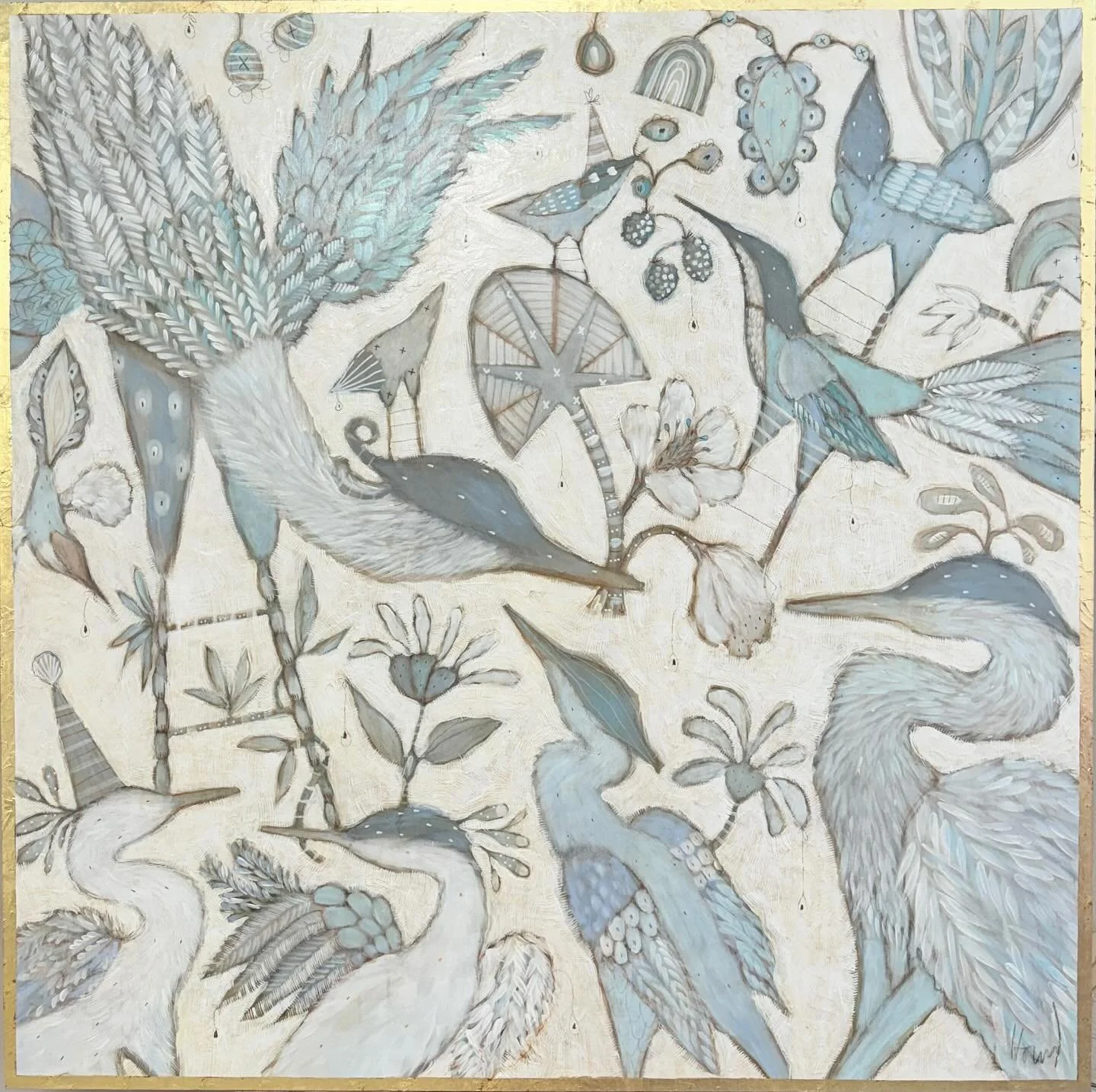The beautiful show of works from Gretchen and Michael &ldquo;Feather and Form&rdquo; continues, and this piece &ldquo;Petal and Palmetto&rdquo; is on temporary loan/display locally at Newman School, but is currently available. 48x48 mixed media on pa
