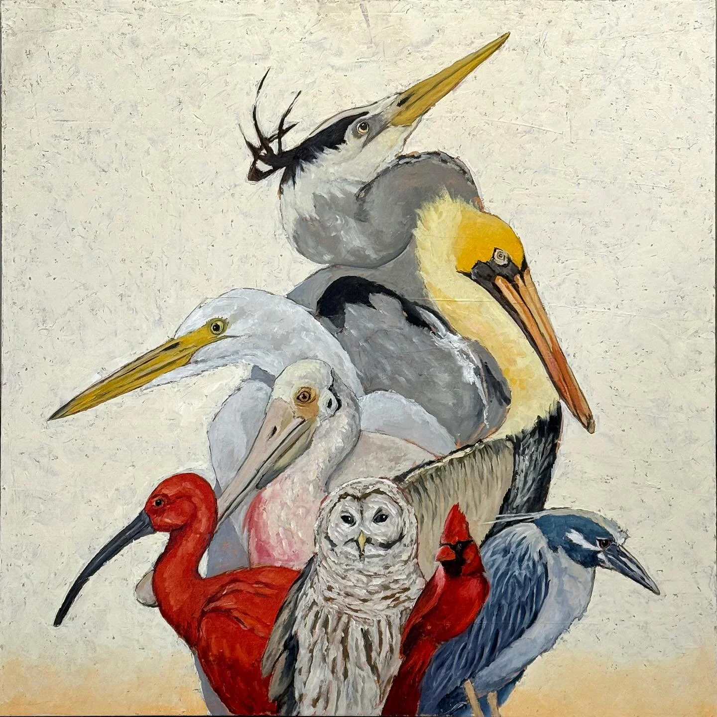Two beautiful bird clusters from Michael Dickter available. Both oil on panel. We have a 30x30 and a 24x24 piece. They are unique and fun pieces for any bird lovers. Message us for details or check out our website.