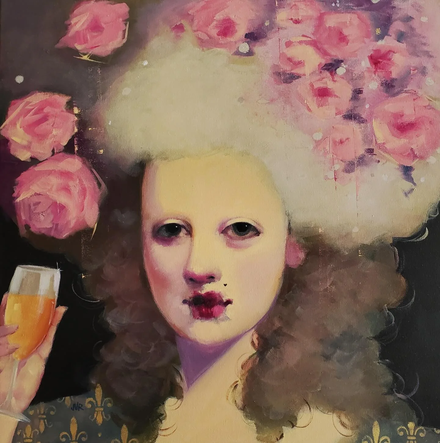 &ldquo;Sant&eacute;&rdquo; by June Valentine Ruppe a new 24x24 oil on gallery wrapped canvas. I don&rsquo;t think this one will last long in inventory !! Message us for details and grab this one for your collection #junevalentineruppe #champagneprobl