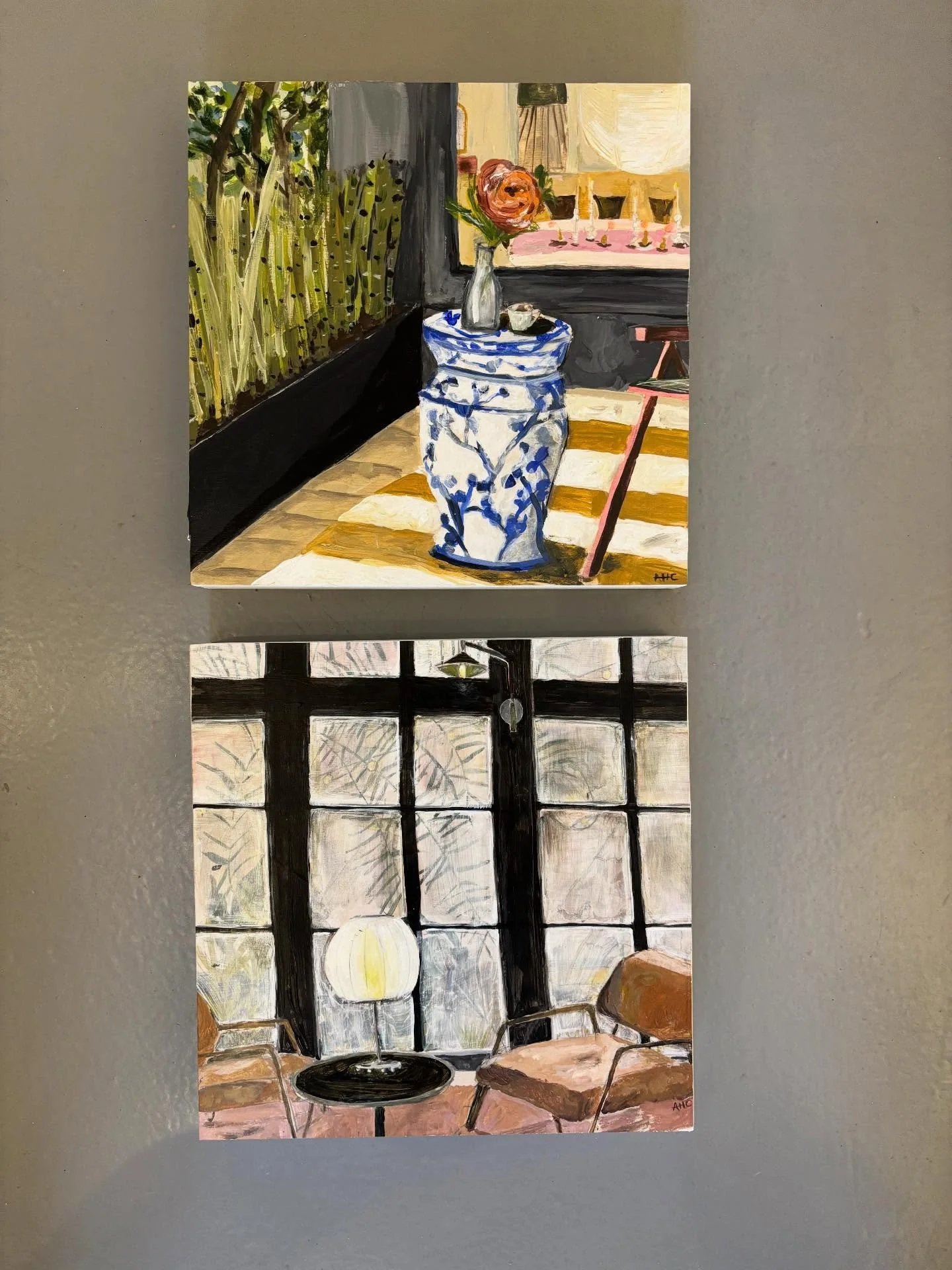 Really loving these 2 10x10 mixed media on panel pieces by Amy. Great solo and even better as a set. Both with beautiful white edges. Can hang or even go in a bookshelf. Message us for details #amycentolaart #artunder1000 #interiordesign