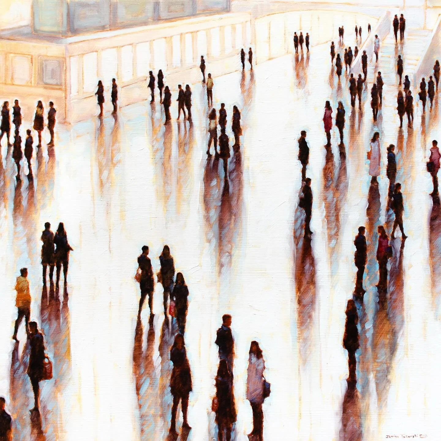 A new 36x36 oil on canvas just arrived by Janina Ellis &ldquo;Initial Interaction&rdquo; with just a little station architecture. Can you guess/see which station this is ? Message us for details. We will include shipping on all your pieces through 12