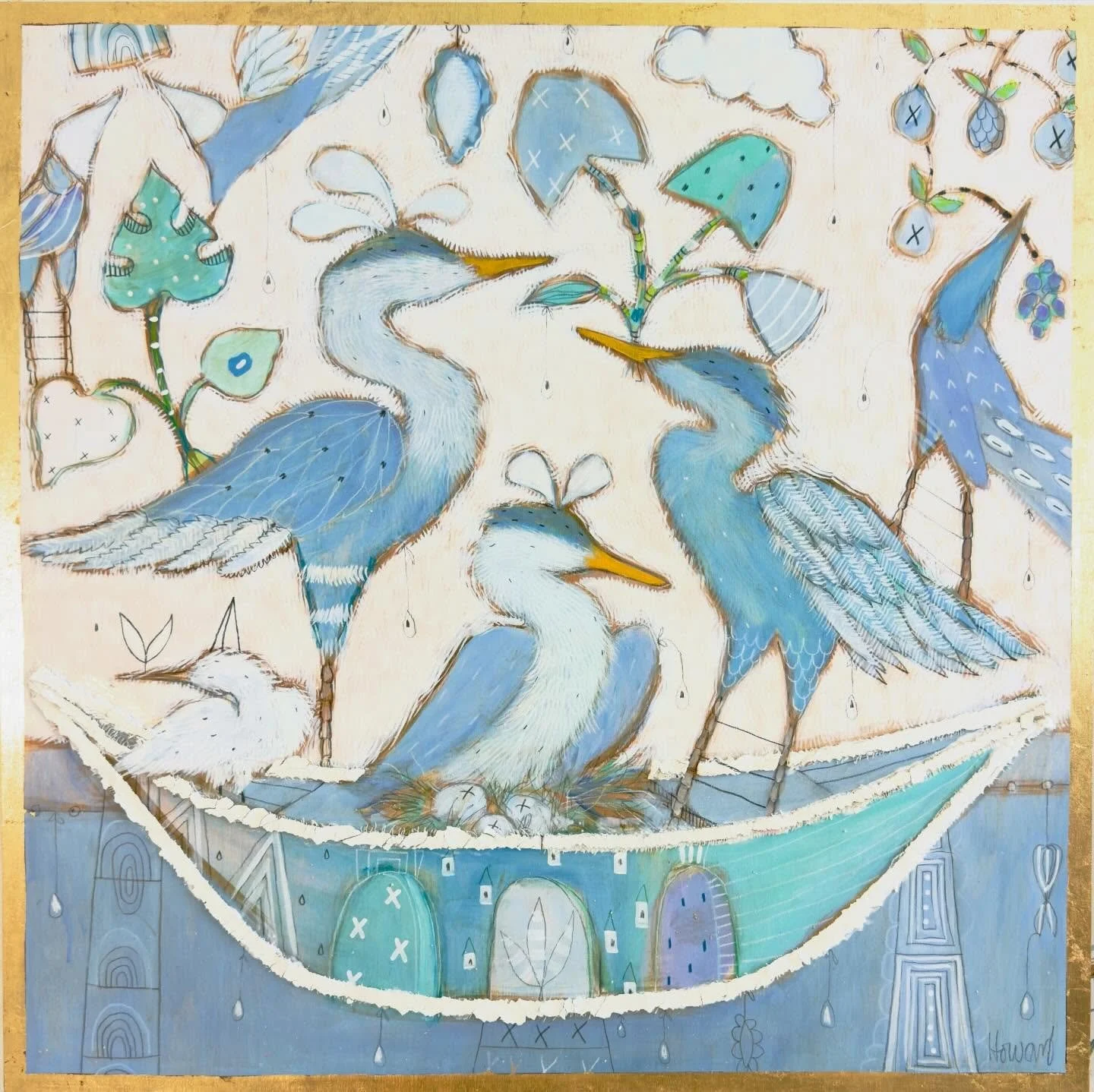 What a cutey !! Would someone please buy this one before we take it home ourselves. &ldquo;The Nest&rdquo; mixed media and gold leaf on panel by our amazing Gretchen Weller Howard #interiordesign #gretchenwellerhoward #louisianaartist