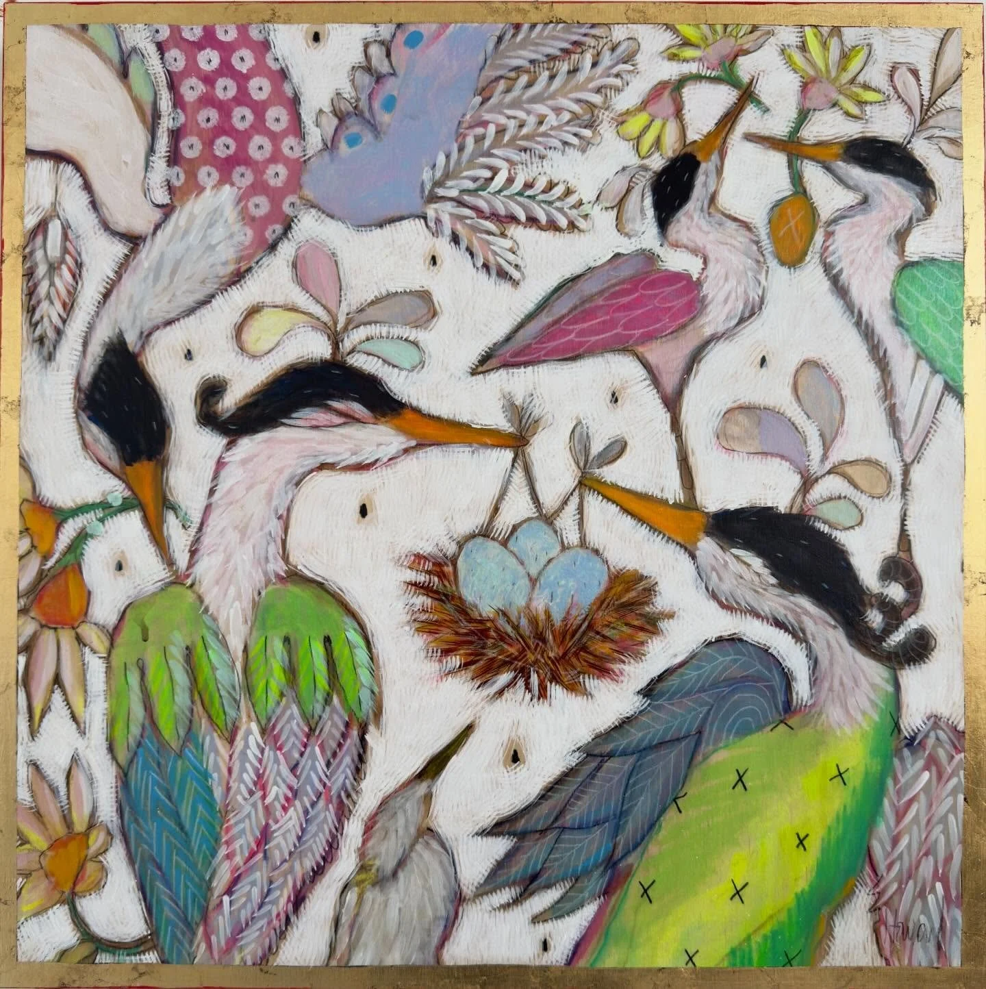 If any of you have been waiting for a smaller piece from Gretchen, then you are in luck. We have a new 18x18 and a 20x20 available. Here they are and oh so beautiful &ldquo;Precious in Time&rdquo; 18x18 (with eggs) and &ldquo;The Meeting&rdquo; 20x20