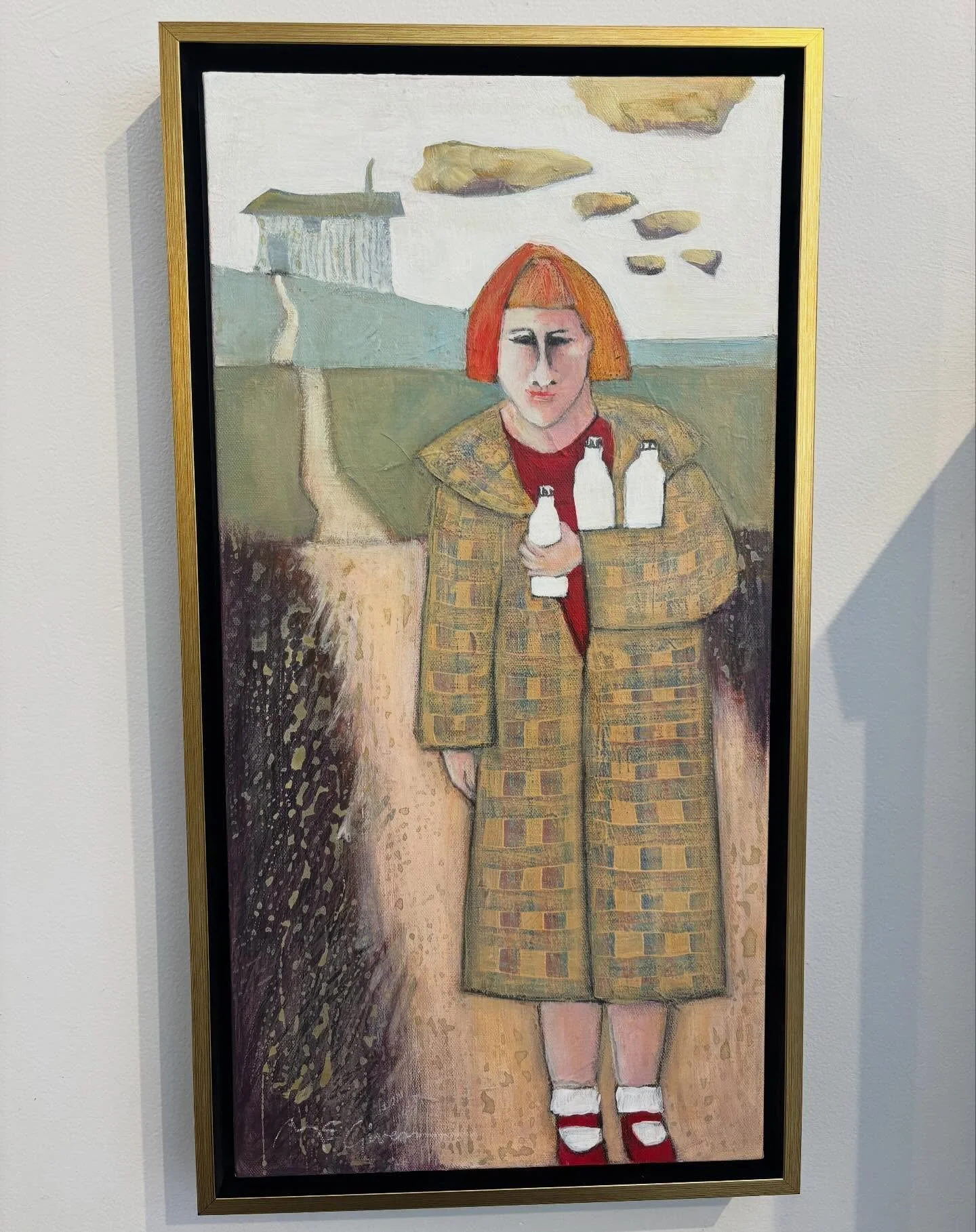 A precious new piece by NM artist Peggy McGivern. &ldquo;Milk&rdquo; is 24x12 acrylic on canvas framed to just shy of 26x14. Lovely work. Message us for details #milklady #peggymcgivern