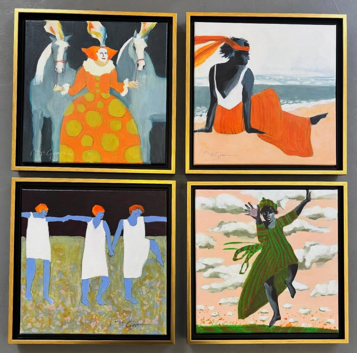 Peggy McGivern has been very busy painting for us over the holidays. We have a new batch of fresh paintings for our season and these 4 12x12s are beautifully framed to 13.5x13.5. These 4 would combine well as a set of 2,3 or even 4 pieces. Message us