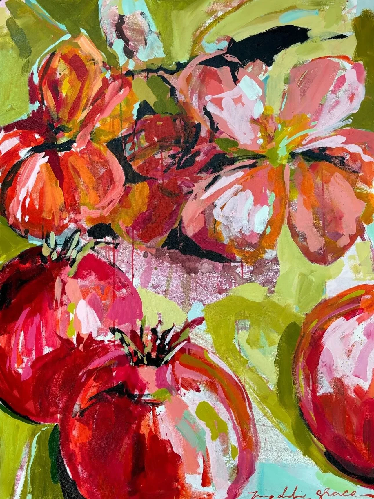 &ldquo;Pomegranate and Florals on Green&rdquo;, a 48x36 acrylic on canvas by Maddie Grace. Message us for details and check out our mock ups. Have a great day !! #maddiegrace #pomegranates