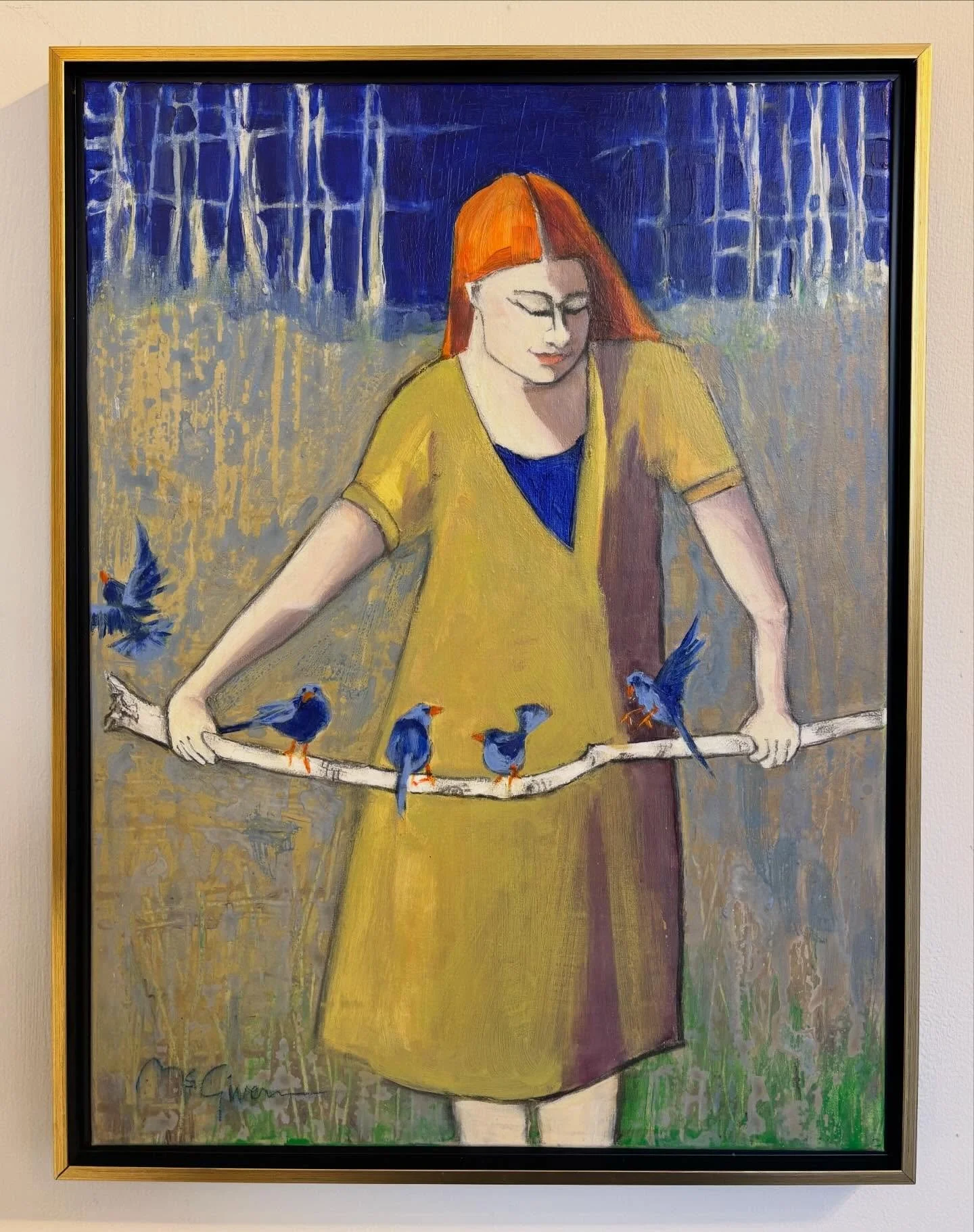 &ldquo;The Roost&rdquo; a new 24x18 acrylic on canvas painting framed to 25.5x19.5 by New Mexico artist Peggy McGivern. A beautiful piece that is ready to add to your collection. Message us for details on this gem #peggymcgivernart #bluebirds #taosne