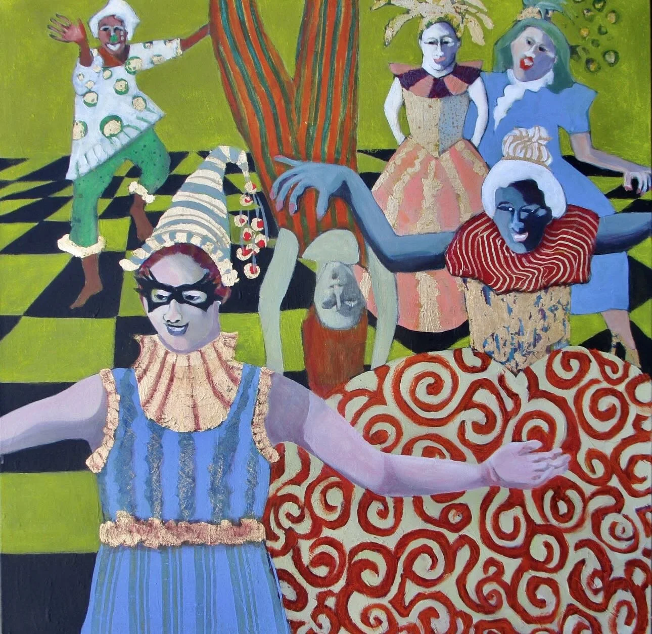 Current mood and vibe in the French Quarter while we are in &ldquo;Deep Gras&rdquo;. Happy Lundi Gras and please enjoy this wonderful new piece on offer from New Mexico artist Peggy McGivern. &ldquo;Victorian Jesters&rdquo; comes in at 36x36. Acrylic