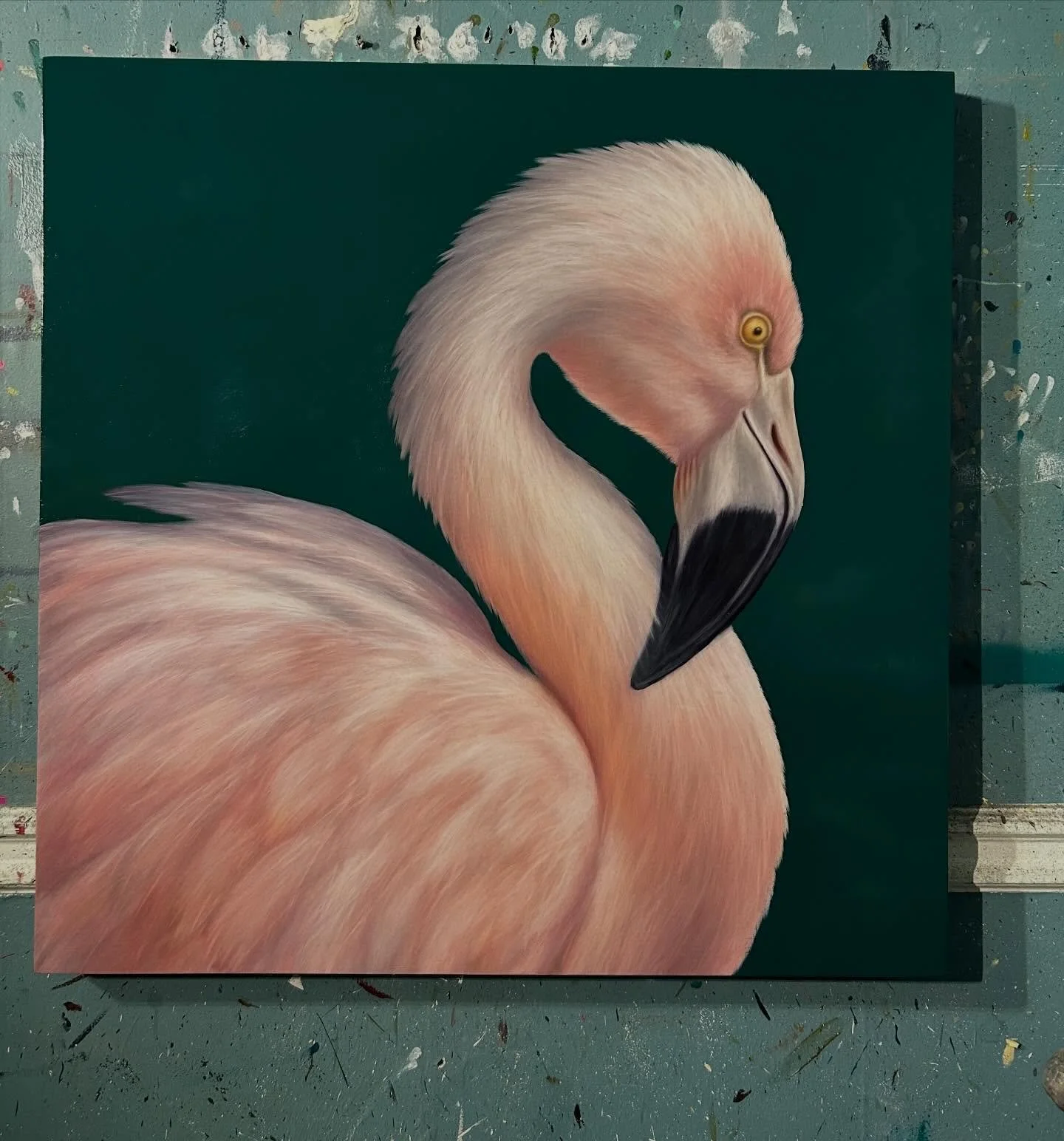 We are so excited about the gorgeousness of this new piece coming that we are giving you a sneak peek of it. Almost finished but not quite. 36x36 oil on deep edge panel by Jason Horton. Message us for details #jasonhorton #pinkflamingo