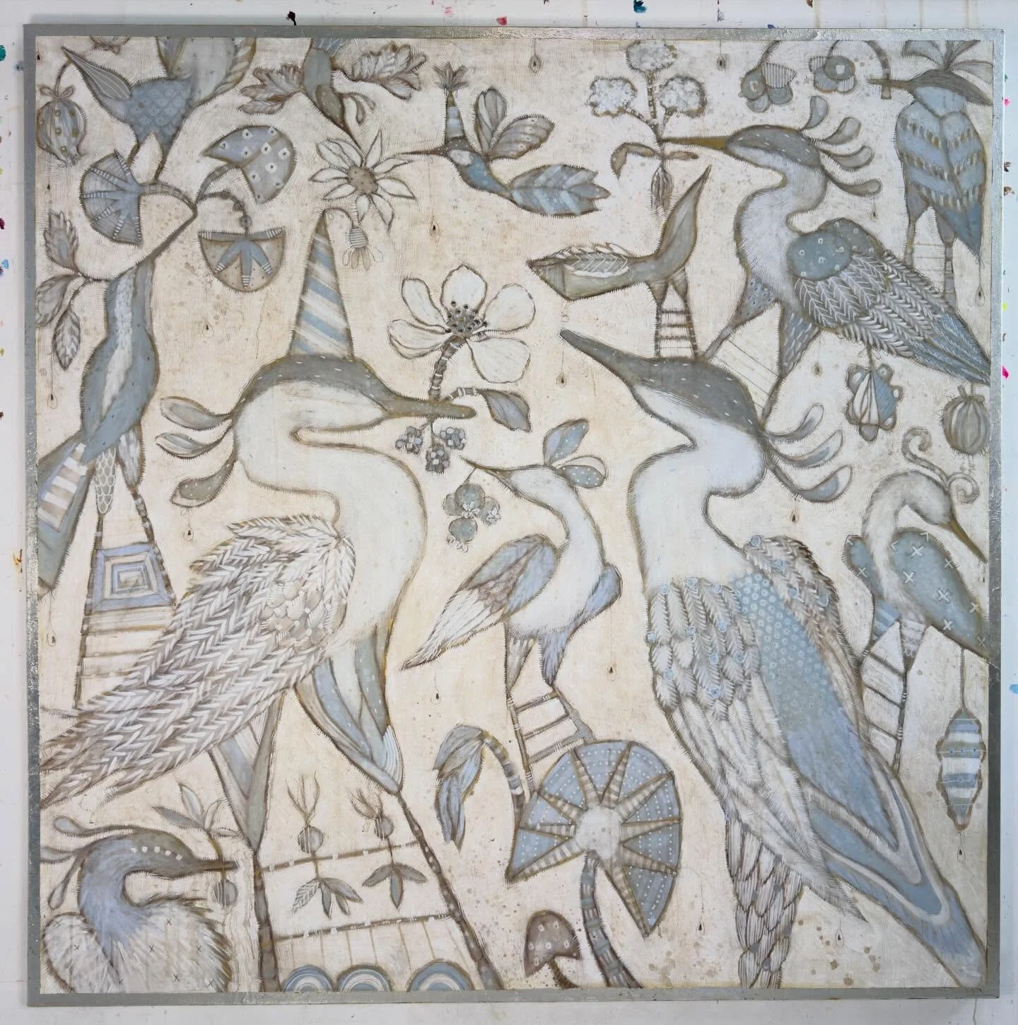 A brand new and larger sized painting by our Gretchen. 60x60 mixed media on canvas finished with silver leaf edges. Beautiful piece named &ldquo;In Harmony&rdquo;. Plenty of fun and beauty going on in this one. Message us for details #gretchenwellerh