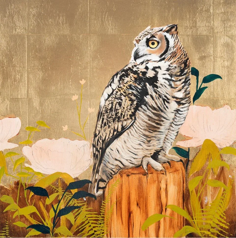 Loving this brand new &ldquo;Great Horned Owl&rdquo; we just received from Joseph. It is fabulous, strong and rich. A statement piece even at 24x24. Message us on how to acquire this oil and metal leaf on a hand crafted deep edge panel.