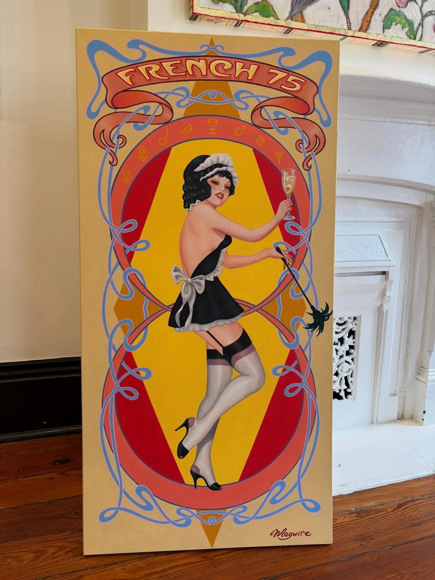 We are so happy to welcome Molly Maguire back to our stable of artists. This 48x24 original acrylic painting on canvas is part of her &ldquo;Krewe of Boozes&rdquo; series. What a clever design this is. Message us for details on this French 75!! #moll