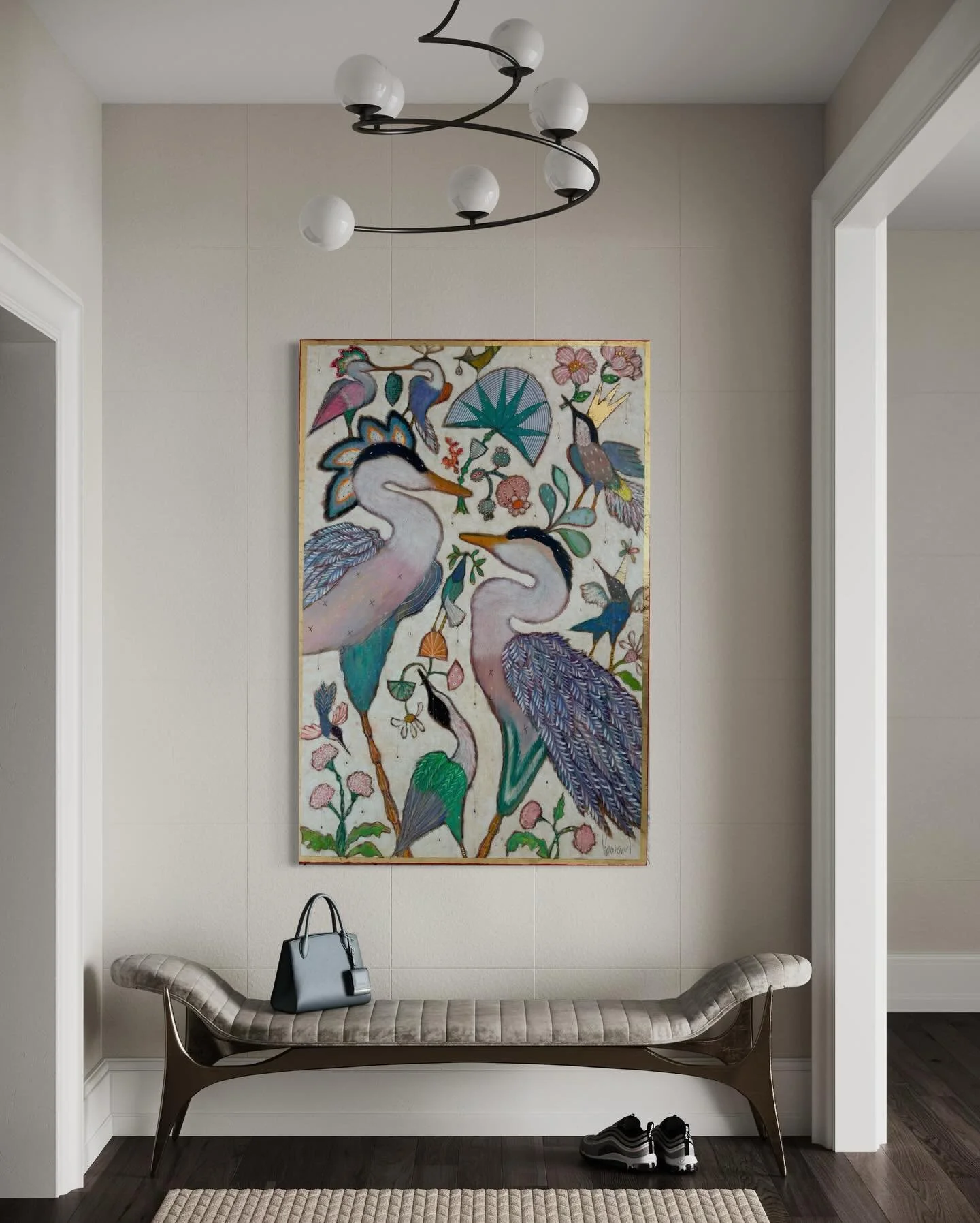 New !! A Floral Serenade by Gretchen Weller Howard. A new 60x40 Mixed Media on Panel with gold leaf. Delicate plumed birds and florals intertwine in a colorful celebration of nature&rsquo;s beauty, captured with expressive strokes and vibrant hues. A