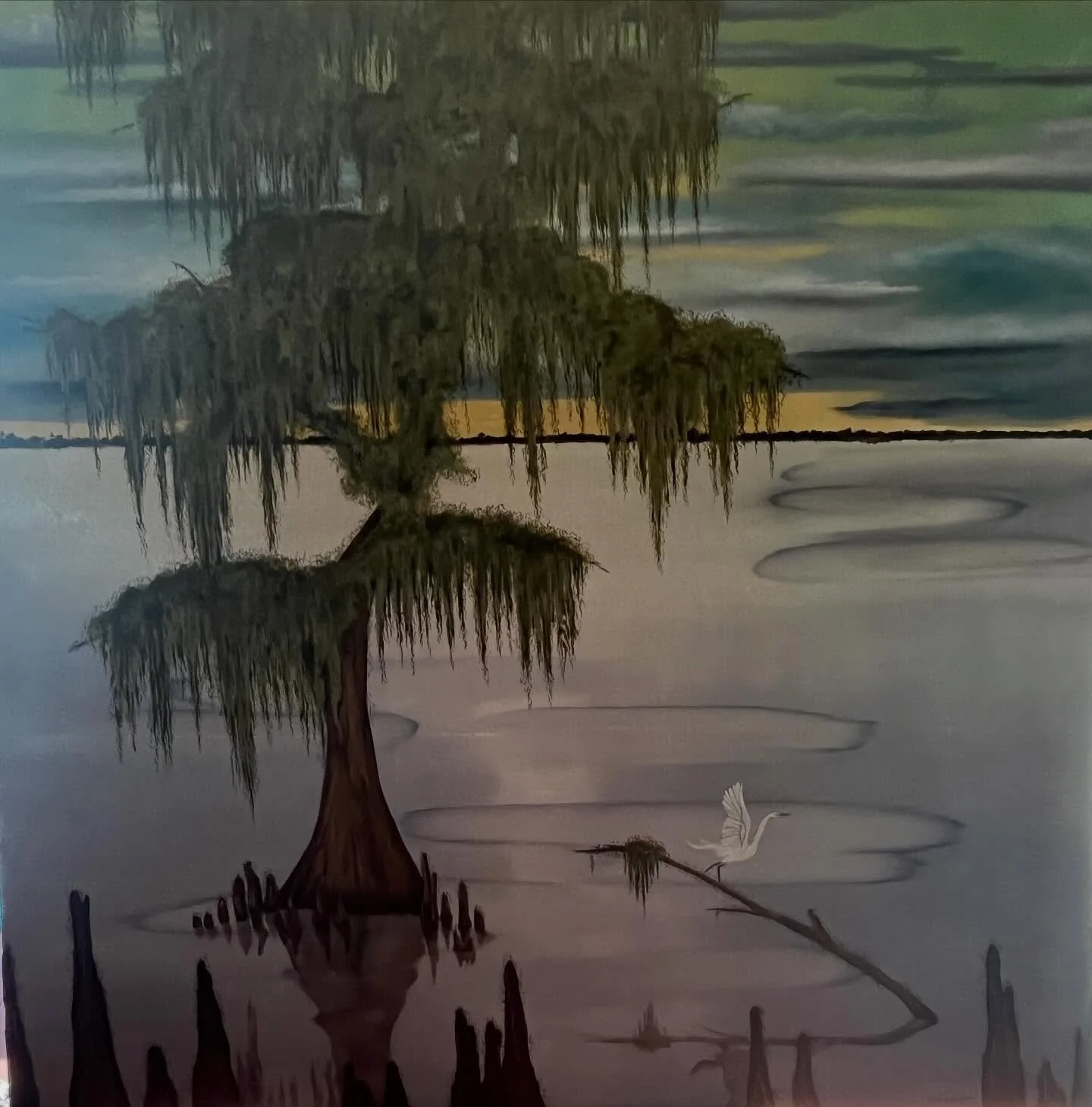 A new 48x48 mystical swamp scene headed in this afternoon by Beyke. Metal Leaf, acrylic glaze washes and plaster are a few of the media tools Bekye uses for these sought after scenes. Message us for details #bekyefargason #atchafalaya #swamplife #48x
