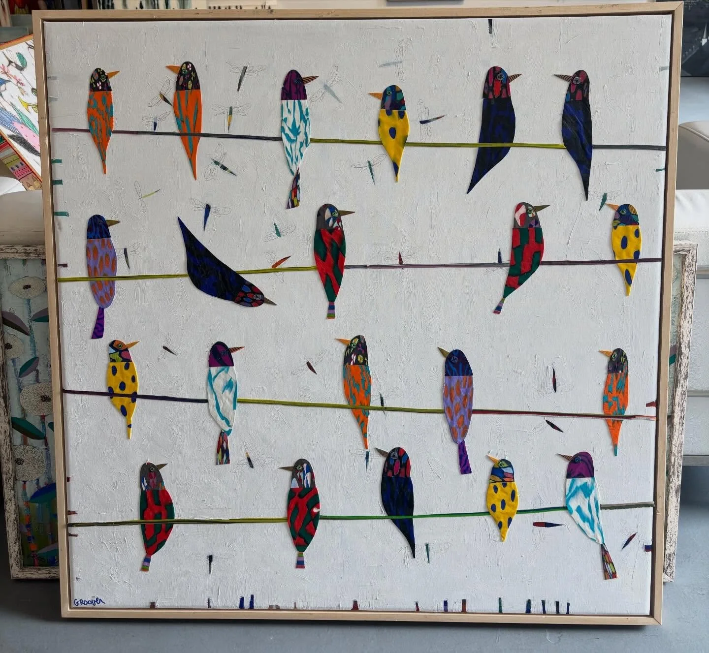 We know you all LOVE the &ldquo;Bird on a Wire&rdquo; series from Debo Groover. This one is 40x40 (41.5x41.5) framed and currently available. Message us for details on our newest hatch #debogroover #polymerclay #40x40