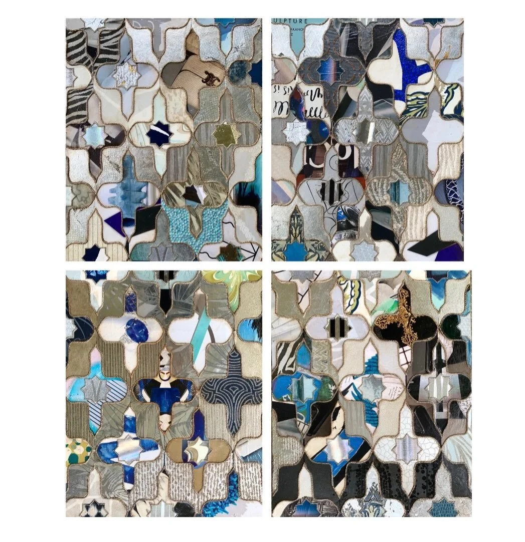 We have a new quad set from Jill Ricci available. Each piece  is 20x18 and they can be bought as a set of 4 to hang vertically or horizontally or split up. We also have a 48x30 with the similar blues and silvers and golds for anyone that needs someth
