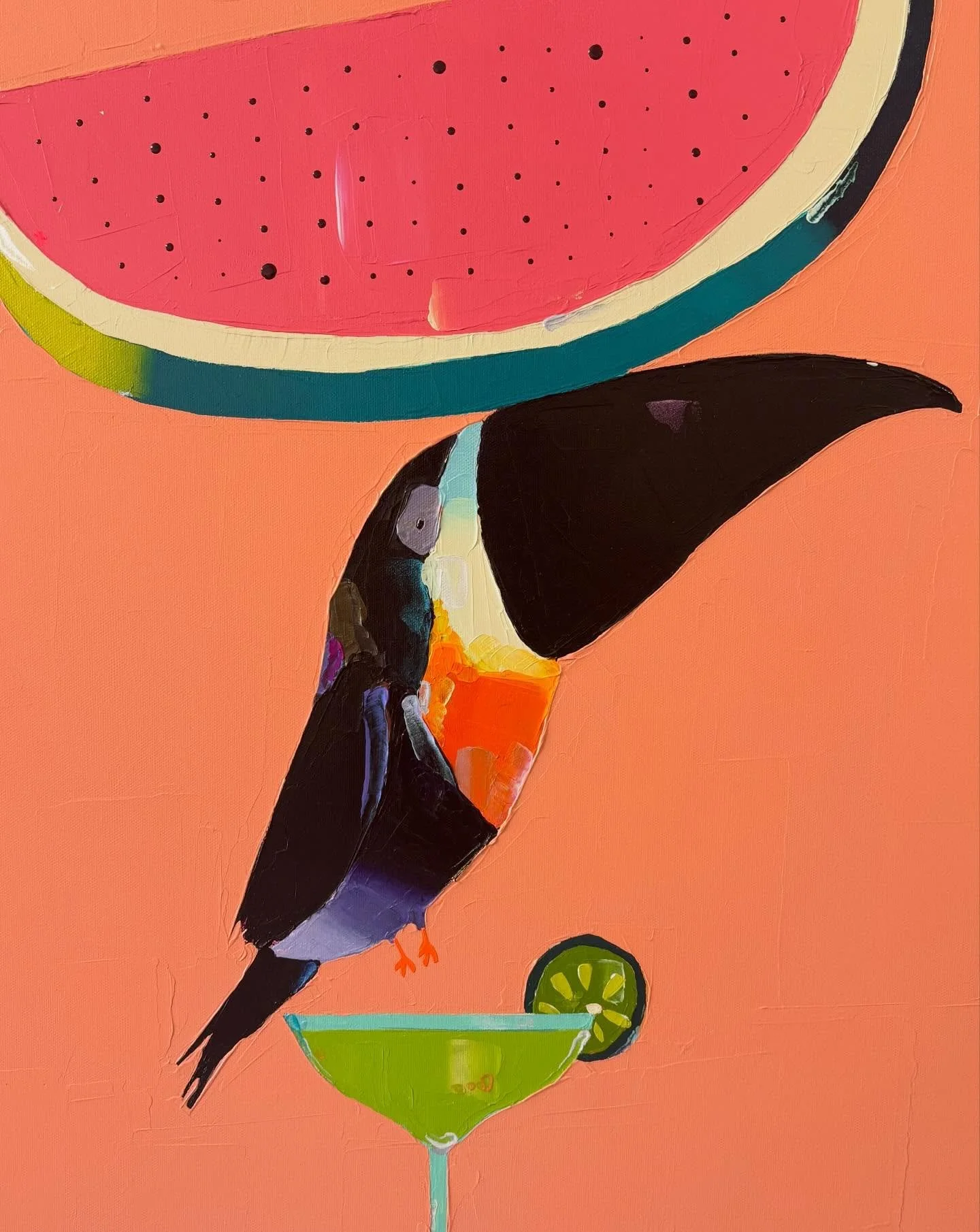 Happy Fri YAY !! Surely it&rsquo;s 5&rsquo;o clock somewhere. This new 30x24 Watermelom Margarita and Touchan painting JUST arrived and I could@not wait to open it and show you. SO much fun. Fun price too at just $1500. Message us for details or to g