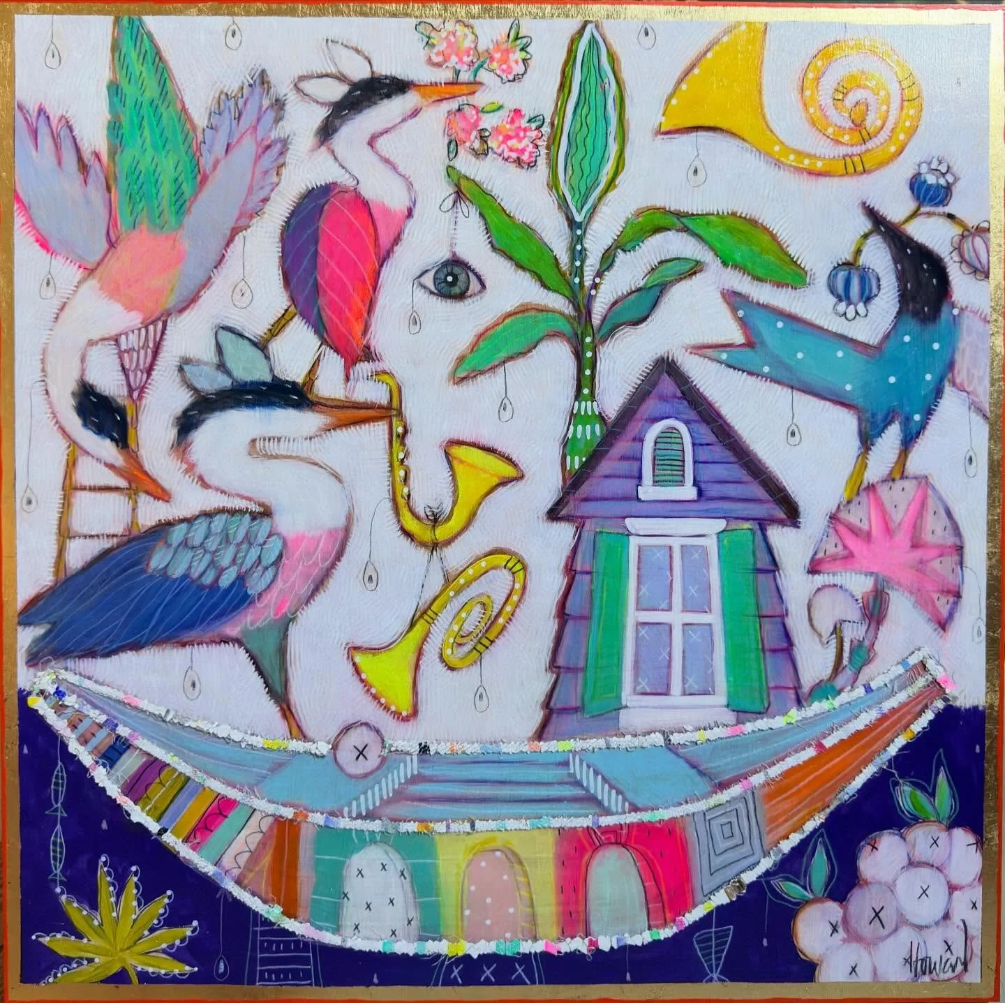 &ldquo;Houseboat Party&rdquo; 20x20 acrylic and MM on panel by Gretchen Weller Howard. We are getting ready for Fest season !! This Thursday starts 4 day French Quarter Fest celebrations and the 2 weekends thereafter we have 8 days (2 4 day weekends)