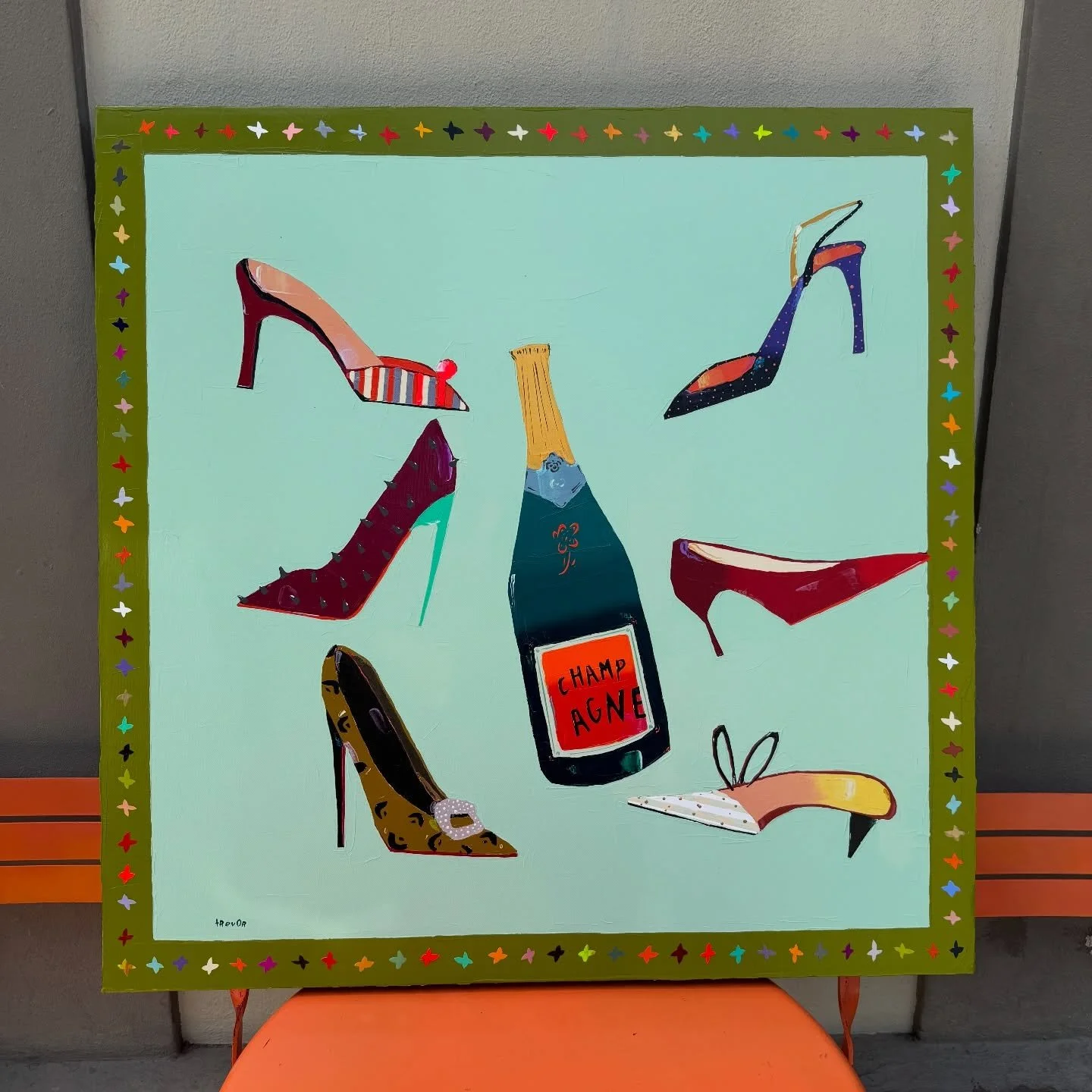 May all your pain be champagne🥂 Join us at Gallery Orange's Pop Up 3937 Magazine Street for the @magazinestreet Champagne Stroll 👠🍾 Stroll or strut, just don&rsquo;t miss it. 

Sippin' &amp; Trippin' by Trevor Mikula 
36x36 inches &bull; Acrylic o