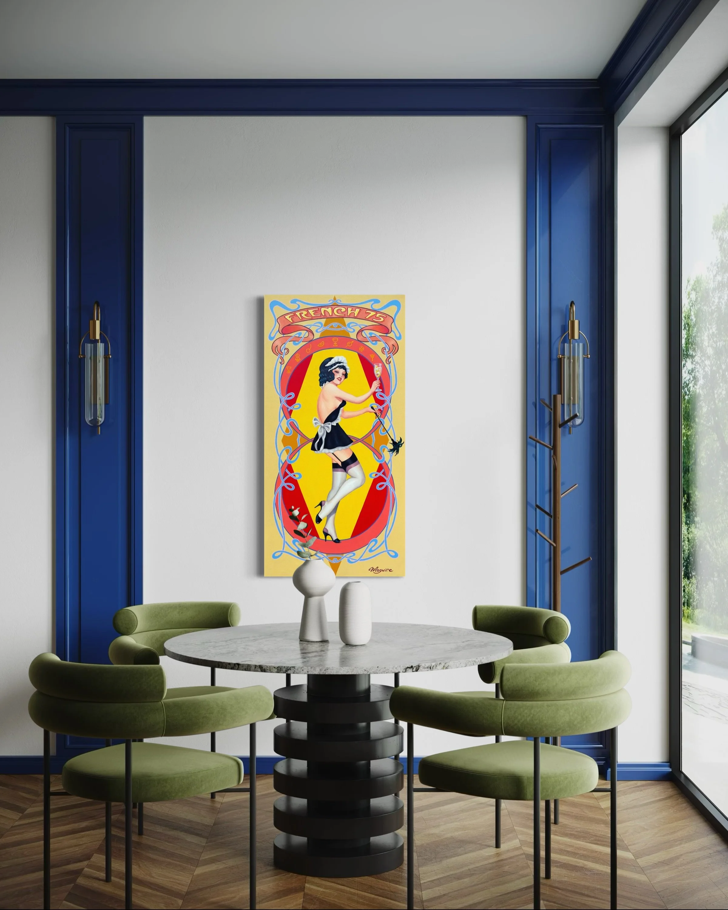The French 75 🇫🇷 a sparkling classic born around 1915 in Paris. Gin, citrus, and Champagne unite for a drink that's elegant, lively, and deceptively strong-timeloss celebration in a glass 🥂

French 75 by Molly Magwire
48x24" &bull; Acrylic on