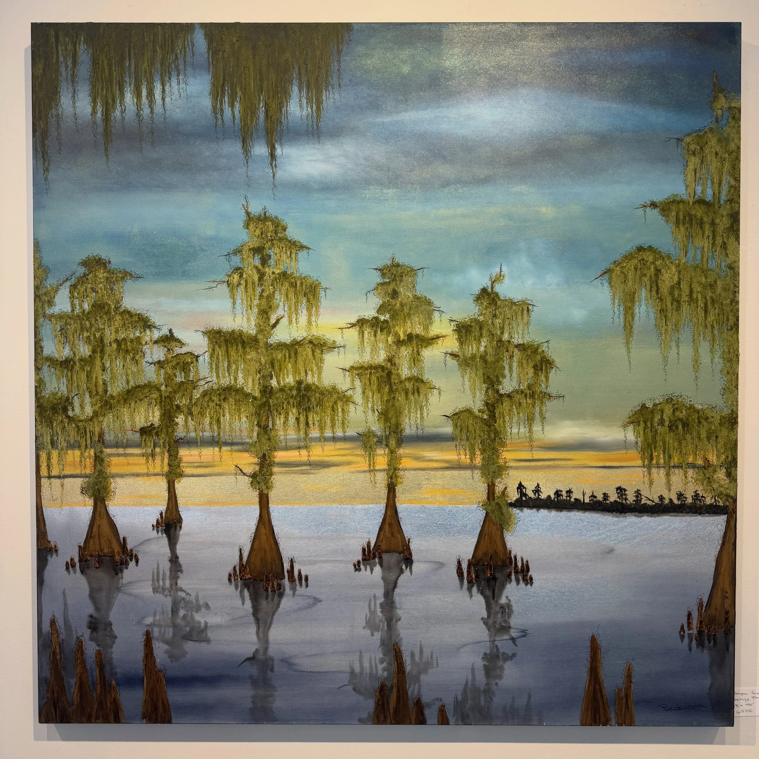 We finally have a new Bekye Fargason in the Royal Street gallery ☀️ Bekye&rsquo;s work captures the bayou unlike anyone else. The textured moss, sculptural cypress knees, and luminous metallic layers make these works incredible in person. As the ligh