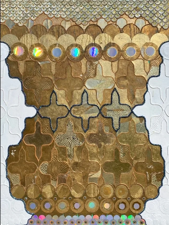 Be The Vessel ✨ 

by Jill Ricci
48&times;30 inches
Gold leaf, collage, abalone shell, rhinestones, holographic paillettes, czech beads, acrylic paint, UV varnish