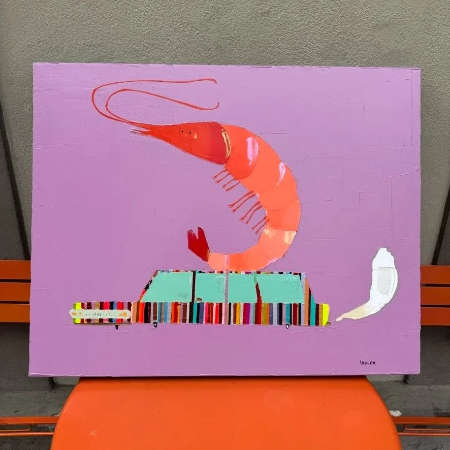 More color. More joy. 🦐🌈 Artist Trevor Mikula knows a thing or two about living life in FULL color and never blending in. 🤩

The Jumbo Shrimp Joyride on the Wacky Wagon &bull; 30 x 24&rdquo; &bull; $1,500