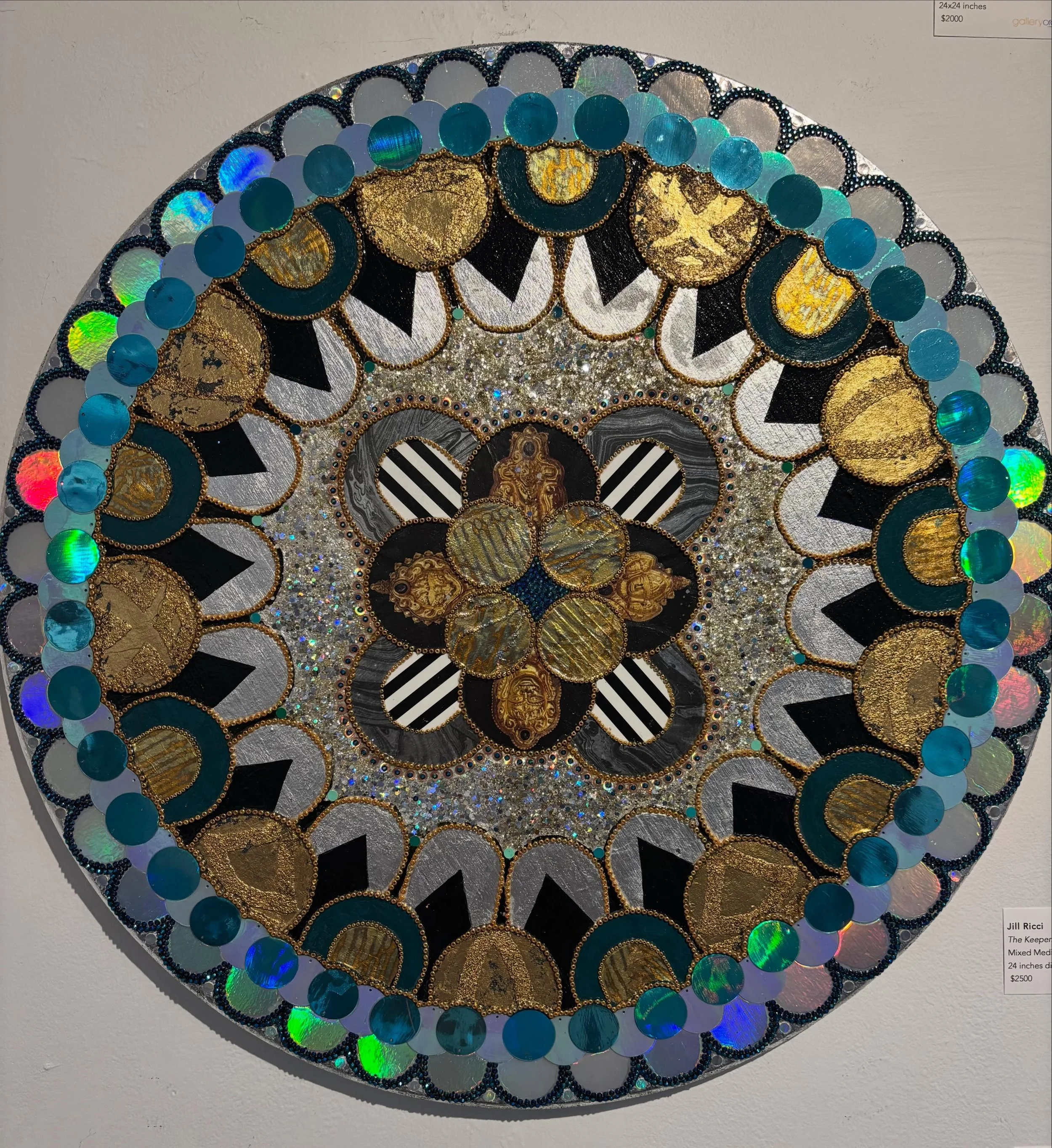 Check out this wonderful new 24 diameter round mixed media piece by one of our original GO artists, Jill Ricci. It is very detailed with a unique blend of colors and textures. Loving her new work !! Message us for details on this beauty titled &ldquo