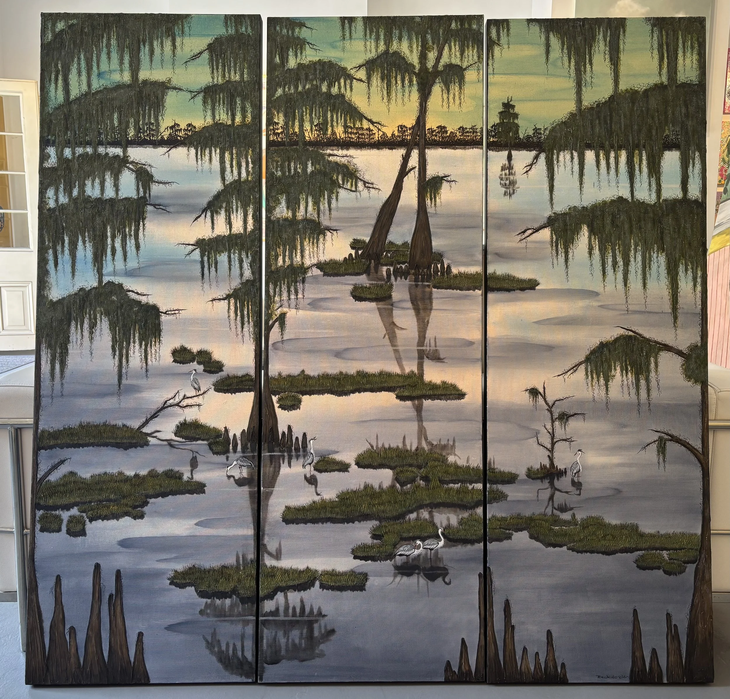 Triptych Swamp Scene with Herons