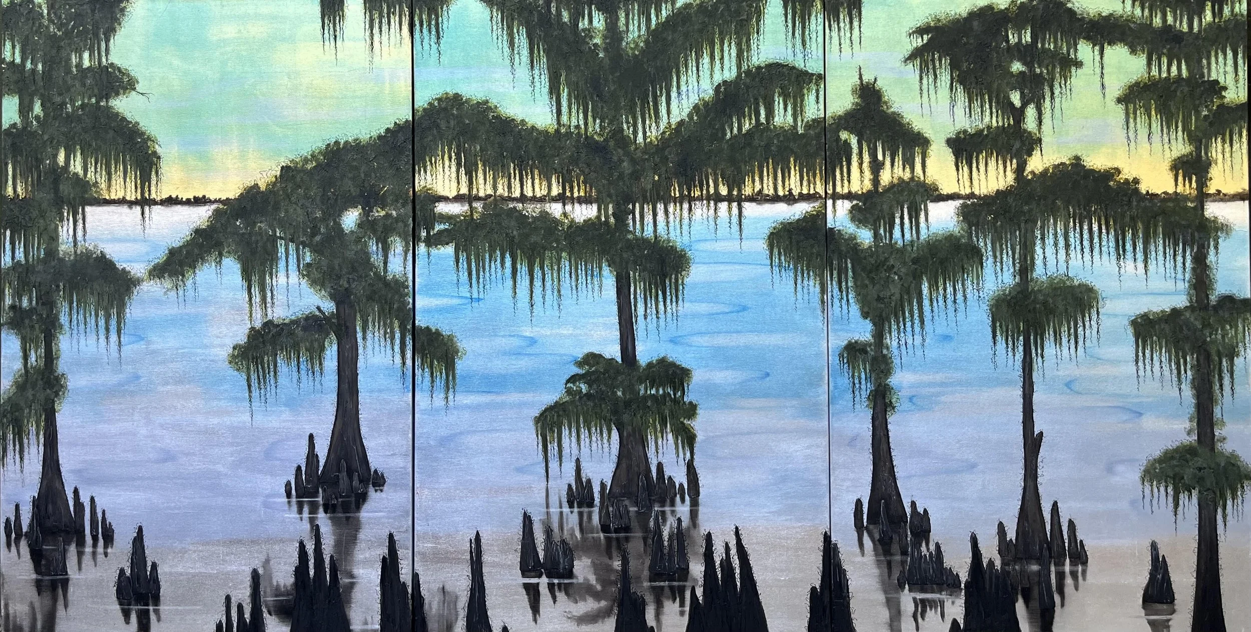 Bayou Scene in Yellow and Green (Triptych)